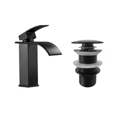 CCOL - Griferia Lavamanos Baja Mezclador Cascada Negra + Push Tipo Hongo de Lujo Negro Sin Rebose