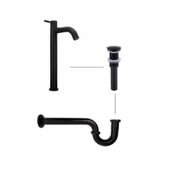 CCOL - Kit Sifon En P Lavamanos Metálico+ Push Negro + Griferia Agua Fria Negro Acero Inox