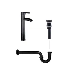CCOL - Kit Sifon En P Lavamanos Metálico + Push Tipo Hongo Negro + Griferia Mezclador Negro