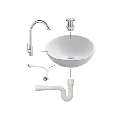 CCOL - Combo Lavamanos Sobreponer Redondo Blanco 32*14+griferia Agua Fria+ Push Tipo Hongo +sifon Flexible Pvc
