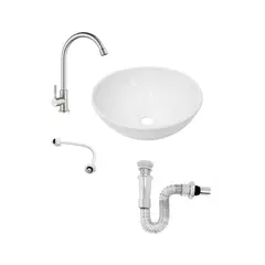 CCOL - Combo Lavamanos Blanco Redondo 32*14 + Griferia Agua Fria Acero Inox +push Con Sifon Integrado +acople Pvc