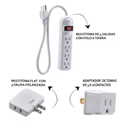 HALUX - Kit Eléctrico Incluye 1 Multitoma 4 Salidas P/T + Multitoma Flat + Adaptador 3 A 2