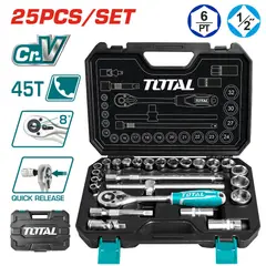 TOTAL TOOLS - Juego de 25 Piezas con 18 Copas 1/2" 10 a 32 mm Ratchet + Accesor
