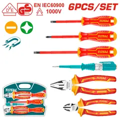TOTAL TOOLS - Juego 6 Piezas 3 Destornilladores 2 Alicates Aislados + Voltímetro 100 - 500 VCA