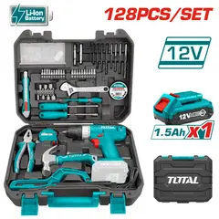 TOTAL TOOLS - Taladro Inalámbrico Batería Litio 12V 1.5A + 128 Herramientas con Maletín