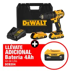 DEWALT - Kit 20V Taladro Perc Brushless 1/2" + 2 Bat 2Ah + Cargador + Maleta plástica+ Adicional 1 Bat 4 Ah