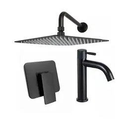 GRIFOS CENTER - Kit Ducha 20cm + Grifería Agua Fría + Monocontrol Cuadrado Negro Mate