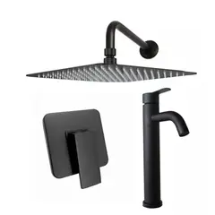 GRIFOS CENTER - Kit Ducha 20cm + Grifería Agua Fría + Monocontrol Cuadrado Negro Mate
