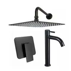 GRIFOS CENTER - Kit Ducha 20Cm + Grifería Agua Fría + Monocontrol Cuadrado Negro Mate