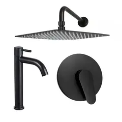 GRIFOS CENTER - Kit Ducha 20Cm + Grifería Agua Fría + Monocontrol Redondo Negro Mate