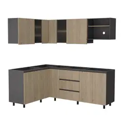 JUST HOME COLLECTION - Cocina en L Londres 210 X 150 Cm Puertas Rovere y Vidrio Templado Opalizado Incluye Locero y Platero - No Incluye Mesón