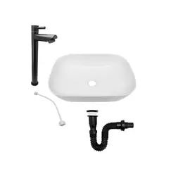 CCOL - Combo Lavamanos Rectangular 40X30 + Grifería Fría Alta + Acople + Push Con Sifón Negro