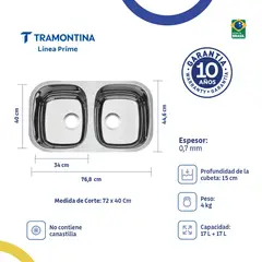 TRAMONTINA - Lavaplatos Doble 2C 34 BL Prime Isis en Acero Inoxidable 304 Alto Brillo 77x 45 cm