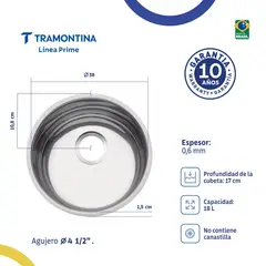 TRAMONTINA - Lavaplatos Redondo Prime en Acero Inoxidable 38 cm