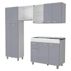JUST HOME COLLECTION - Cocina Integral Ferretti 2.21 Metros Blanco/Gris Incluye Mesón Poceta Izquierda en Acero Inoxidable