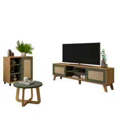 BERTOLINI - Combo Mueble TV 75" Incluye Bife y Mesa Centro en Mdp Roble con Menta