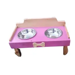 MADELAU - Comedero Para Perro Huellas M Pino-Platos Metalicos Rosa