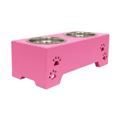 MADELAU - Comedero Para Perro S Pino-Platos Metalicos Rosa