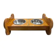 MADELAU - Comedero Para Perro Hueso M Pino-Platos Metalicos Natural