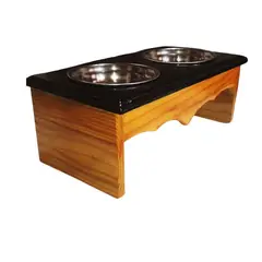 MADELAU - Comedero Para Perro Aesthetic L Pino-platos Metalicos Negro