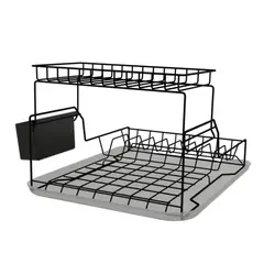 JUST HOME COLLECTION - Escurridor de Platos Acero de 2 Niveles Trapecio Negro 34,5x25,5x44 cm