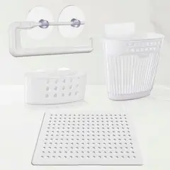 DAMECOS - Canasta Colgante Cocina + Porta Papel Cocina+ Protector Lavaplatos + Organizador Lavaplatos Blanco