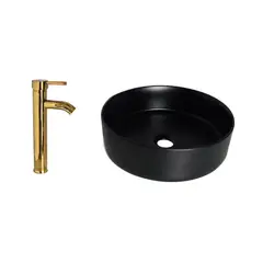 INKORPORAR - Kit Lavamanos Sobreponer Tomine Negro+Grifería Mezclador Iri Dorada