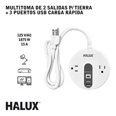 HALUX - Multitoma De 2 Salidas Polo A Tierra + 3 Puertos USB Carga Rápida
