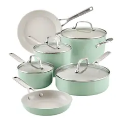KITCHENAID - Batería de cocina juego de ollas 10 Piezas Antiad Ceramic Anodizado Verde