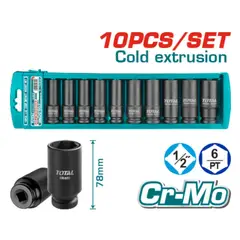 TOTAL TOOLS - Juegos de Copas de Impacto Largos 10 Piezas Esp 1/2" 10-24mm Cr-Mo