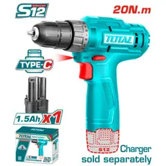 TOTAL TOOLS - Taladro Inalámbrico 12 V 3/8 Pulg 20Nm + 1 Batería Tipo C 1.5Ah No Incluye Cargador
