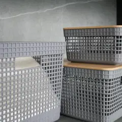 MADECENTRO - Cesta Grid con Tapa de Bambú Plomo