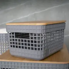 MADECENTRO - Cesta Grid con Tapa de Bambú Plomo