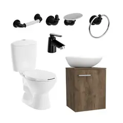 CORONA - Combo Manantial: Sanitario Manantial Redondo Blanco De 2 Piezas + Mueble De Colgar De 40 Cm Nogal Negro, Lavamanos Milano + Grifería Sencilla Nogal Negra + Accesorios Valencia De 4 Piezas