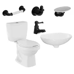CORONA - Combo Ecoline: Sanitario Ecoline Redondo Blanco De 2 Piezas + Lavamanos Milano + Grifería Sencilla Balta Negro + Accesorios Valencia 3 Piezas