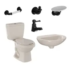 CORONA - Combo Ecoline: Sanitario Ecoline Redondo Bone De 2 Piezas + Lavamanos Milano + Grifería Sencilla Balta Negro + Accesorios Valencia 3 Piezas