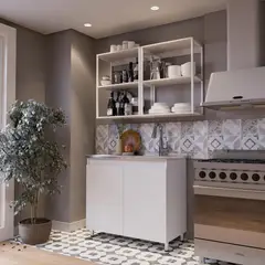 JUST HOME COLLECTION - Mueble Inferior Cocina Cielo V.3 1.0 Metros Blanco Incluye Mesón Liso Con Poceta Derecha En Acero Inoxidable