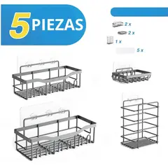 52 BITS - Set X5 Inoxidable Organizador de Ducha Repisa Baño Adhesiva