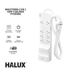 HALUX - Multitoma 2En1 9 Sal Cable 90Cm Multitoma Retráctil