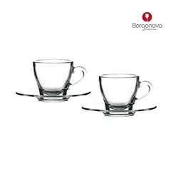 BORGONOVO - Set de 2 Mugs y Platos Cappuccino Ischia en Vidrio Línea Mixcolletion Italia 180 ml Transparente