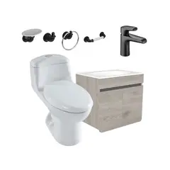 CORONA - Combo Smart: Sanitario Smart Alongado Blanco De Una Pieza + Mueble Elevado Aluvia 60 Cm + Grifería Cascade Negra