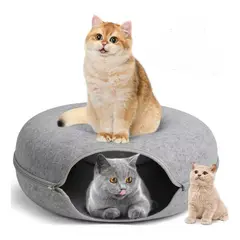SUBE - Cama Tunel para Gatos Con Cremallera Tipo Donut 58x58x28cm Gris Claro