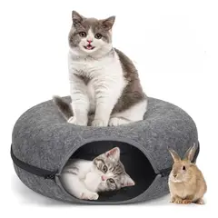 SUBE - Cama Tunel para Gatos Con Cremallera Tipo Donut 58x58x28cm Gris