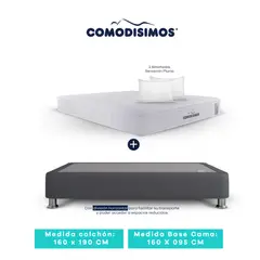 COMODISIMOS - Colchón Queen Access Sol Celia 160x190 + 2 Base Cama 160x095 Gris Plomo + 8 Patas Acero 14 Cms + 2 Almohadas