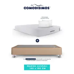 COMODISIMOS - Colchón Doble Access Sol Celia 140x190 + 1 Base Cama 140x190 Café Avellana + 4 Patas Acero 14 Cms + 2 Almohadas