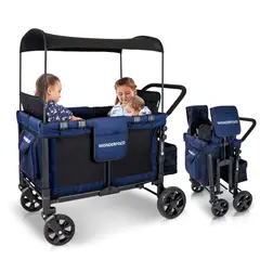 WONDERFOLD - Coche Tipo Vagón Multifuncional con 4 Asientos Elevados Desmontables y Toldo Deslizable Color Azul Marca