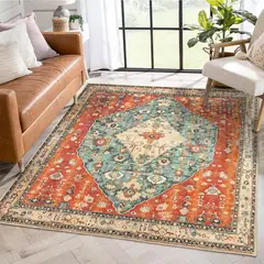 LAHOME - Alfombra Bohemia Cuadrada 2.44m x 2.44m con Diseño Geométrico en Azul Turquesa y Rojo