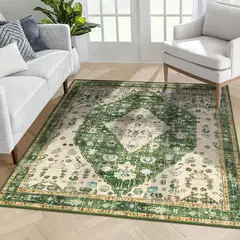 undefined - Alfombra Bohemia Tribal Lavable y Antideslizante Color Verde de 2.44m x 2.44m Marca Lahome