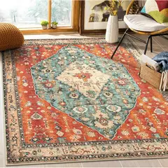 LAHOME - Alfombra Bohemia Cuadrada 1.83m x 1.83m con Diseño Geométrico en Azul Turquesa y Rojo