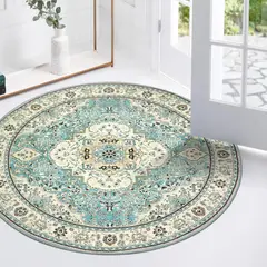 LAHOME - Alfombra Redonda de Medallón Floral Color Azul Lavable de 0.91 m de Diametro